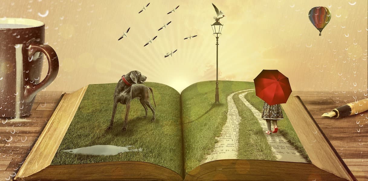 book girl and dog